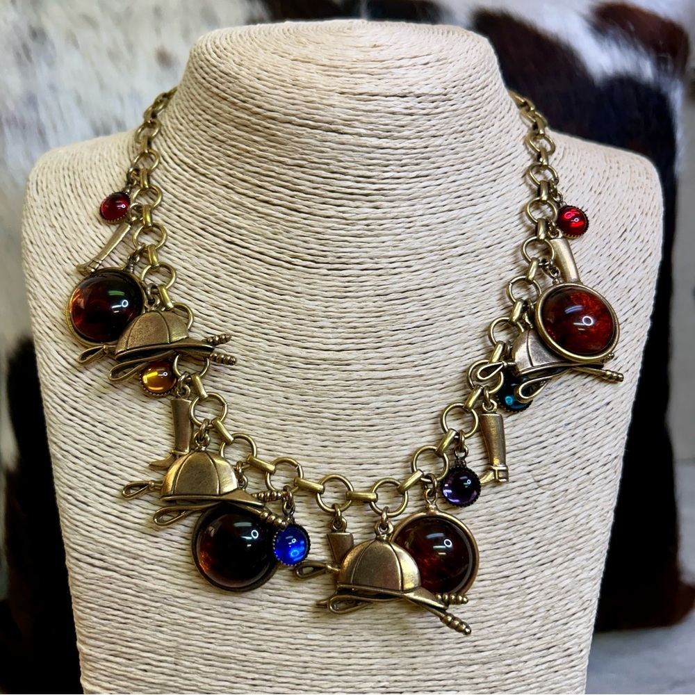 VINTAGE JULIANA D&E EQUESTRIAN JOCKEY JEWELED PARURE STYLE HORSE CHARMS NECKLACE